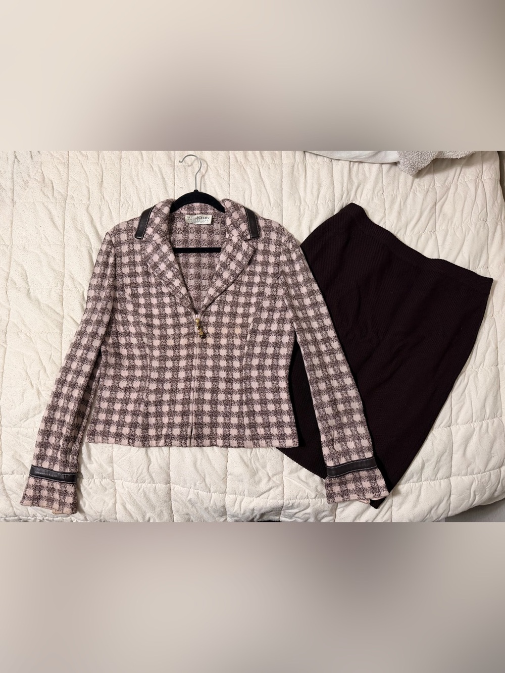 St. John Collection Pink Brown Check Knit Skirt Suit Leather Trim Size 8